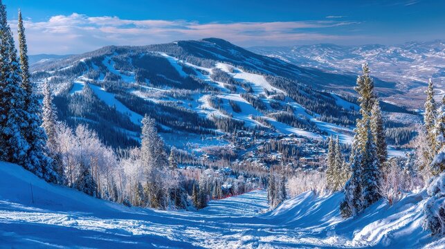 Winter Wonderland: Panoramic View of Steamboat Ski Resort in the Rocky Mountains, Showcasing Majestic Pine Slopes and Thrilling Winter Sports