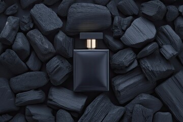 Fototapeta premium Geometric black cologne bottle styled on charcoal backdrop