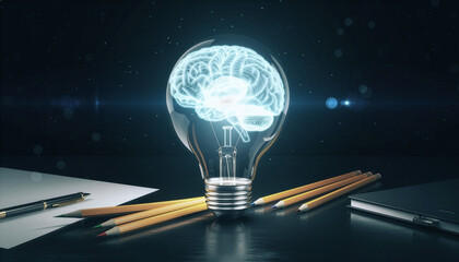 Brain in light bulb on desk