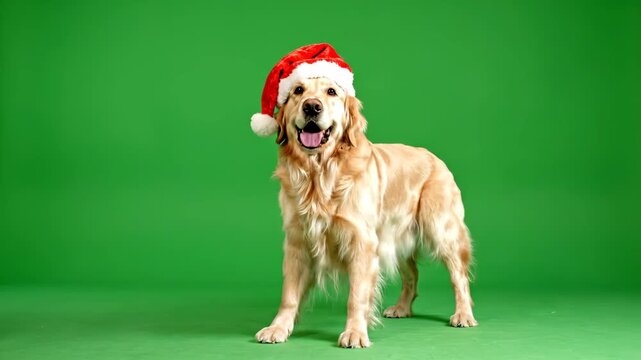 Golden Retriever Dog Wearing Santa Hat on Green Screen - A golden retriever dog stands happily wearing a red Santa Claus hat with a white pompom at the tip.