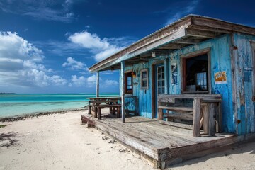 Obraz premium Tropical Beach Bar Retreat in Anegada: Embrace the Summer Vibes by the Blue Ocean and Serene Sky