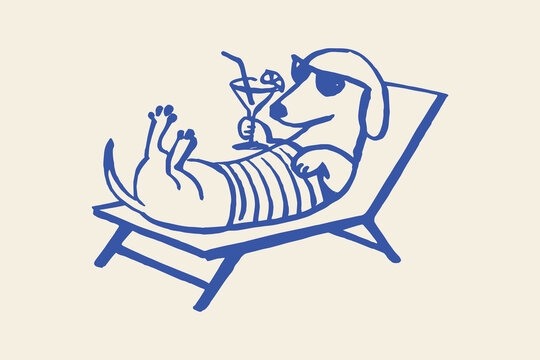Dachshund on lounger with cocktail sketch vector illustration