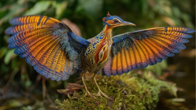 Stunning Courtship Display of a Sunbittern Showcasing Vivid Orange, Yellow, and Blue Plumage in a Tropical Rainforest Setting