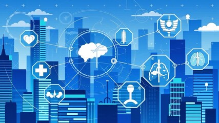 Smart city connecting medical services with human organ icons (brain, heart, lungs) on a network overlay, illustrating global health technology, telemedicine, and digital healthcare. - Powered by Adobe