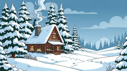 Charming snow covered cabin nestled amongst winter pines, creating a cozy holiday retreat escape, perfect for seasonal greetings and winter wonderlands