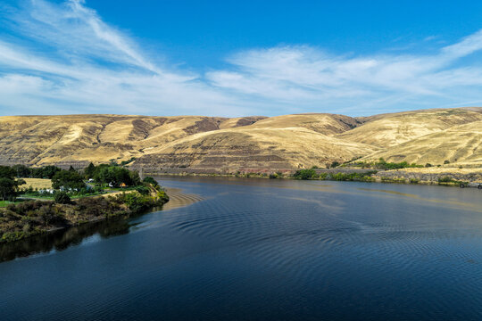 Palouse washington along the snake river with grain silos on sunny day