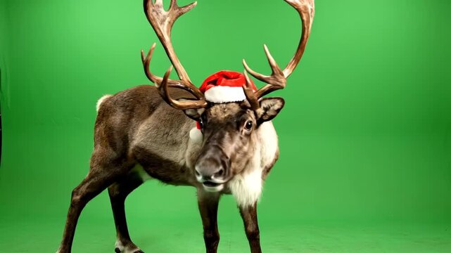 Reindeer with Santa Hat on Green Screen - A reindeer walks in front of a green screen, wearing a small Santa Claus hat on its head. The reindeer has large antlers and is walking towards the viewer.