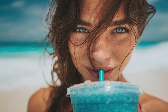 Refreshing Slurpee Delight on a Sunny Beach with Clear Blue Ocean and Happy Vacationers