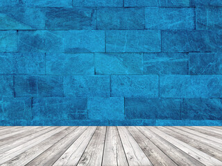 Blue premium wall tiles background with wooden floor