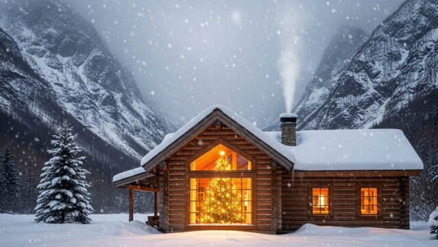 Cozy winter cabin nestled in snowy mountains, Christmas tree glowing warmly inside, perfect for holiday greetings and seasonal promotions
