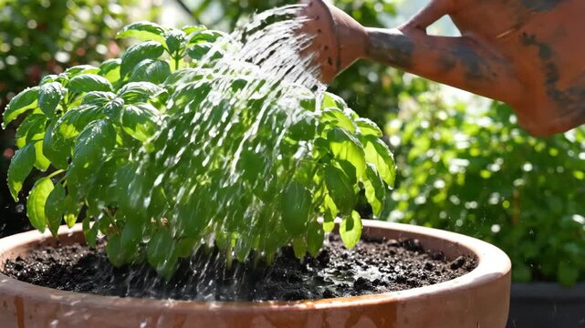 Watering green basil plant in a terracotta pot for fresh herb garden growth