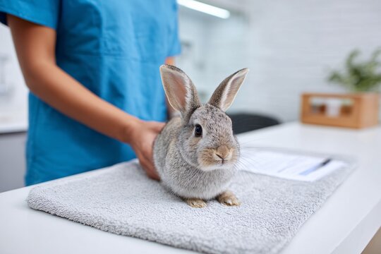 Veterinarian assesses a rabbit's health in a well-lit clinic