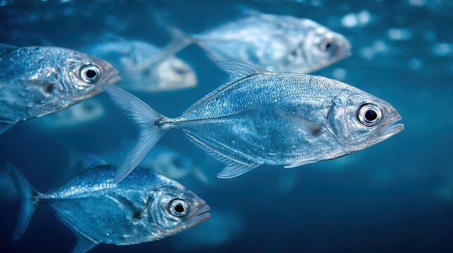 Silvery Aquatic Lookdown Fish (Selene Vomer) in a Blue Underwater World: A Pack of Graceful Marine Swimmers