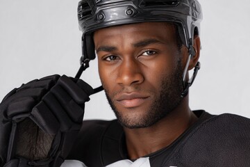 Young Black male hockey player in gear looking confidently at camera