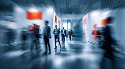 Business people moving fast at trade fair blurred