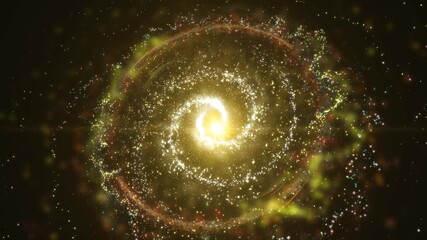 A bright galaxy made up of billions of particles glows neon and moves through space, scattering meteors and plasma.
