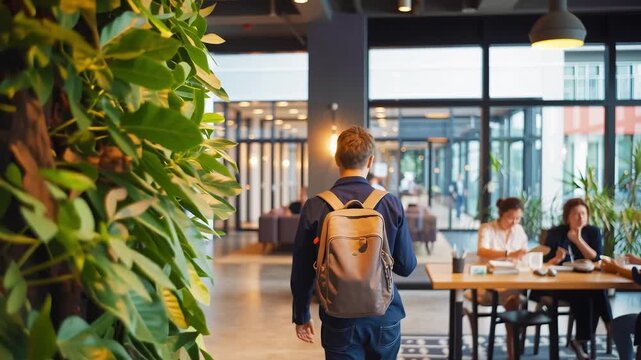 A person walking through a modern space featuring a vertical garden.