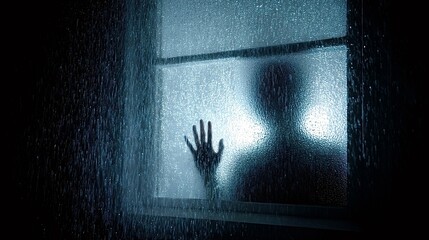 Dark silhouette reaching through wet window glass