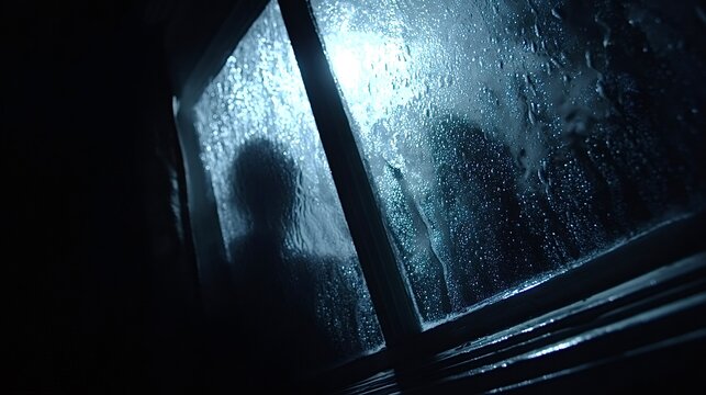 Unidentifiable silhouette appearing behind a rainy window at night