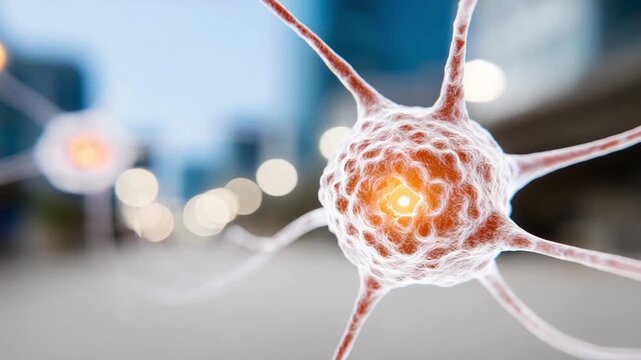 Illuminated Neuron's Network: A vivid close-up captures a neuron's intricate structure, highlighting the complex web of dendrites and the bright, glowing core, against a blurry backdrop