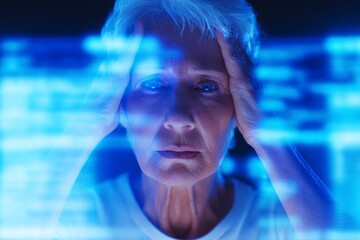 Elderly woman expressing anxiety about technology in digital setting