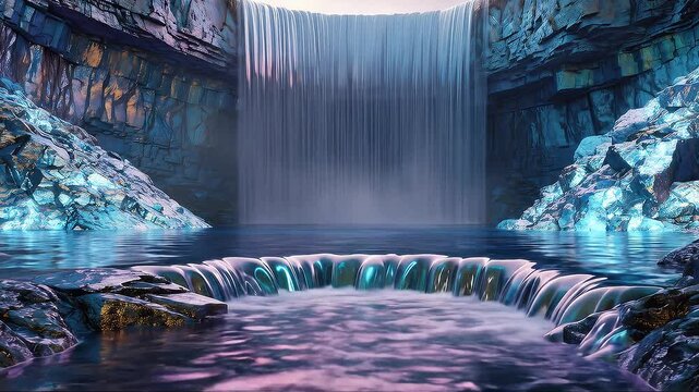 Mineral waterfall flowing over rocky formations in natural daylight