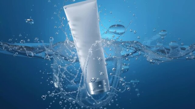 A tube of lotion is floating in a pool of water. The water is blue and the lotion is white