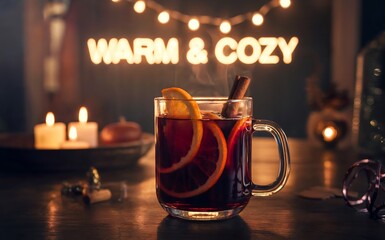 Cinematic mulled wine glass with orange slice and cinnamon, warm and cozy glowing text background, dark evening holiday drink, for christmas, bar menu.