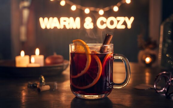 Cinematic mulled wine glass with orange slice and cinnamon, warm and cozy glowing text background, dark evening holiday drink, for christmas, bar menu.