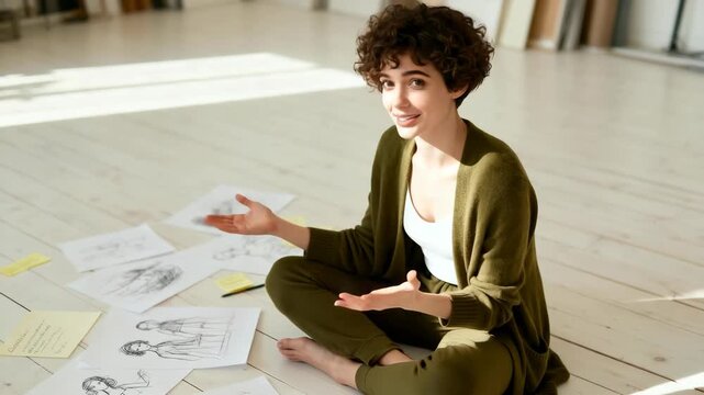Young female fashion designer sitting on the floor with sketches and talking to the camera. Creative artist recording a vlog or tutorial in a sunny studio. Remote work and education concept