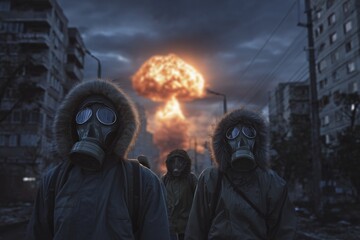 People in gas masks walk through a dark city after an explosion, a mushroom cloud overhead