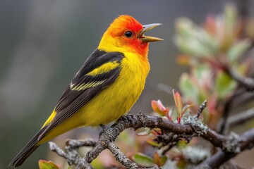 Fototapeta premium Vibrant Western Tanager Male in Natural Habitat. Captivating Songbird Depiction in Nature