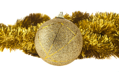 Golden ball and golden jewelry for Christmas holiday decor isolated on white background.