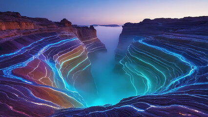 Bioluminescent rare earth mineral canyon glowing with metallic veins