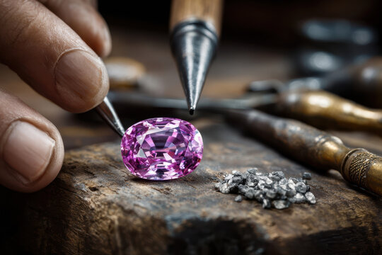 Craftsmanship in jewelry making with a pink gemstone and tools on a wooden workbench - Powered by Adobe