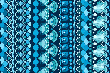 Blue ornamental seamless pattern with vertical stripes of doodle elements.