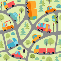 Colorful childish seamless pattern with trucks, buses and cars. Cute vector design

