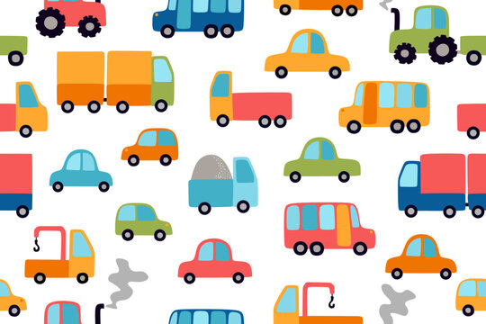 Colorful cars, trucks, buses and tractors on white background. Seamless pattern with different vehicles.