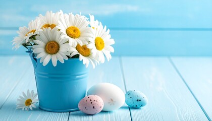 Light blue bucket of white daisies with pastel Easter eggs on matching blue surface and background