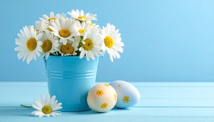 Light blue bucket of white daisies with pastel Easter eggs on matching blue surface and background