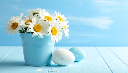 Light blue bucket of white daisies with pastel Easter eggs on matching blue surface and background