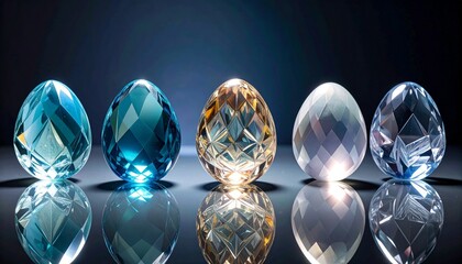 glass eggs with embedded floral designs in purple, pink, clear, amber, and blue on dark gradient background