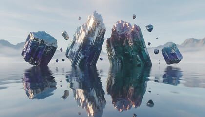 Floating rare earth mineral monoliths with metallic veins over reflective surface