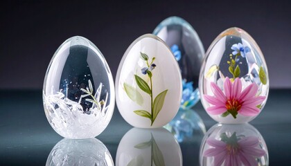 glass eggs with embedded floral designs in purple, pink, clear, amber, and blue on dark gradient background