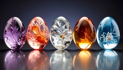 glass eggs with embedded floral designs in purple, pink, clear, amber, and blue on dark gradient background