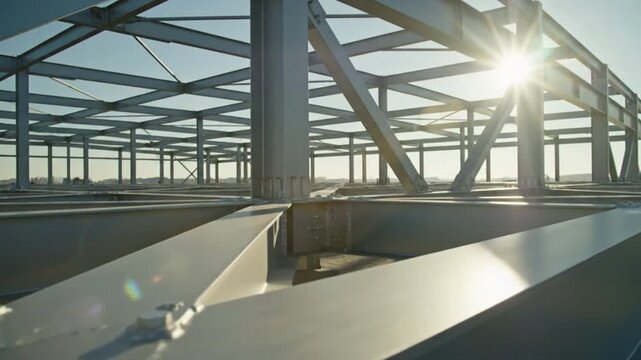 Modern steel construction framework under sunlight, showcasing structural elements and open sky
