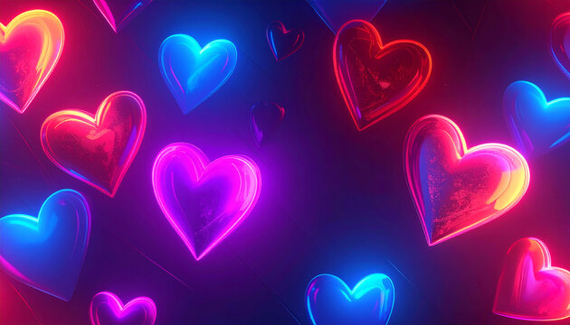 Colorful hearts in various sizes and shades of red and blue, glowing against a dark background. A vibrant and playful design suitable for romantic themes.