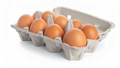 egg carton with ten brown eggs arranged in two rows on neutral surface