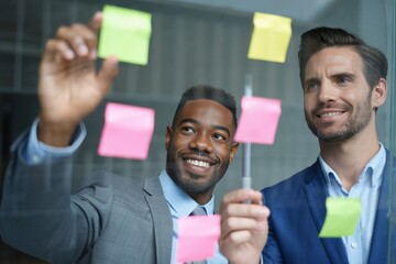 Two Businessmen Collaborating with Sticky Notes on Glass Wall
