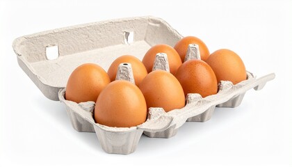 egg carton with ten brown eggs arranged in two rows on neutral surface